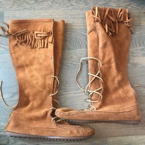 Minnetonka 70s Women's Moccasins USA Fringe Suede Leather Tall Boots 10